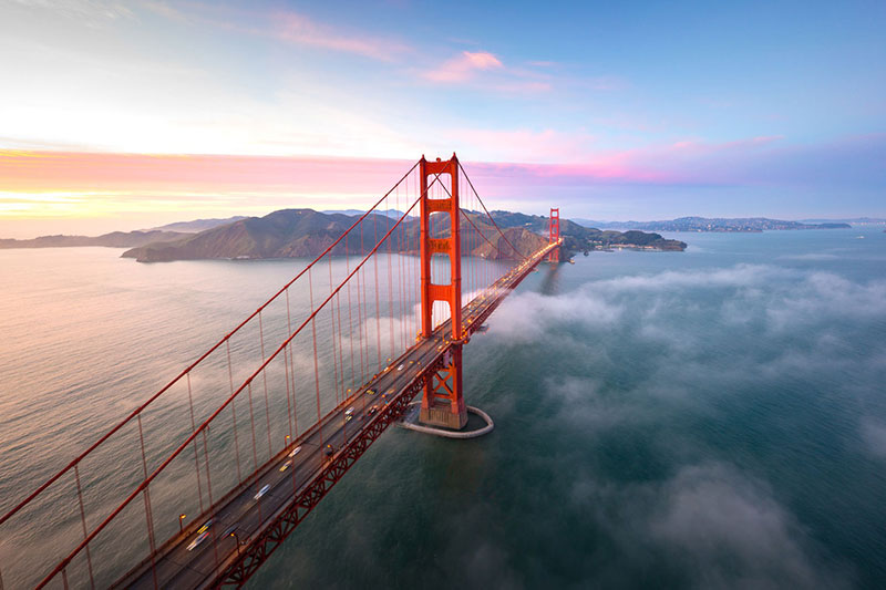 Golden Gate Bridge aerial view at sunset